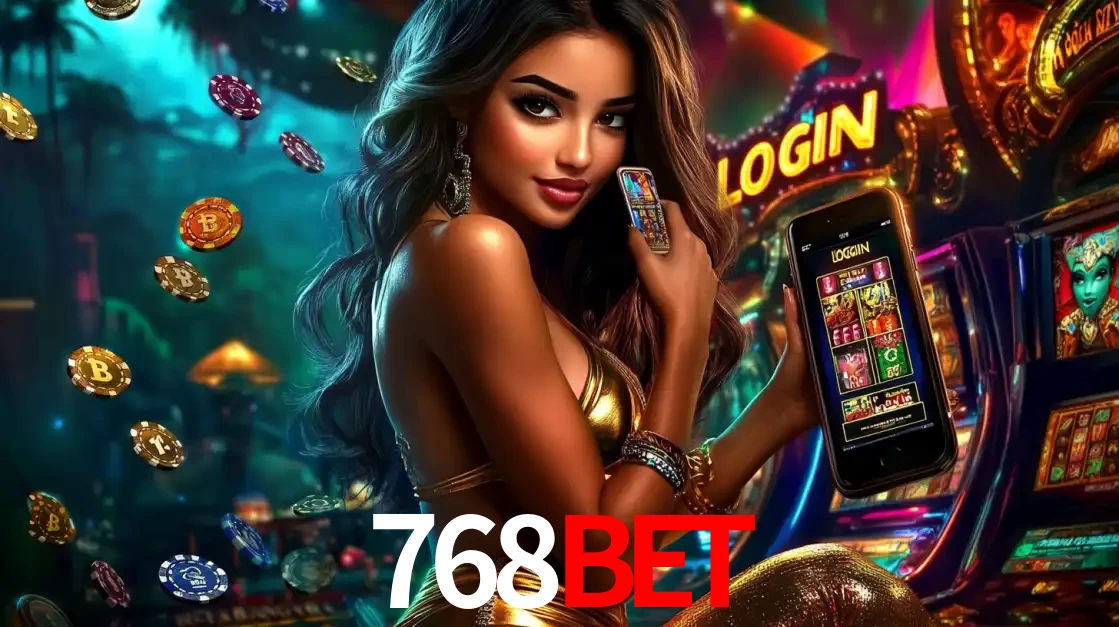 Mulher em um cenário de cassino temático de aventura, mostrando o app de caça-níqueis da 768bet no celular. Fichas de apostas flutuam ao redor.