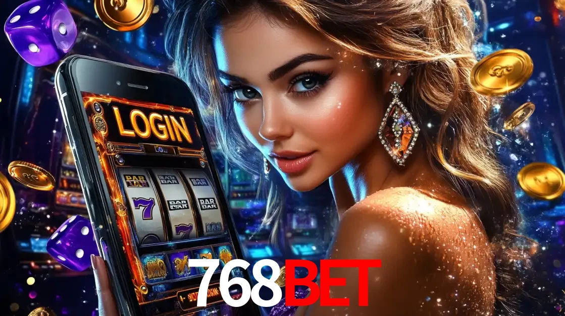Mulher glamorosa segurando um smartphone com a tela de login para os jogos de caça-níqueis do cassino online 768bet, com moedas de ouro e dados ao redor.