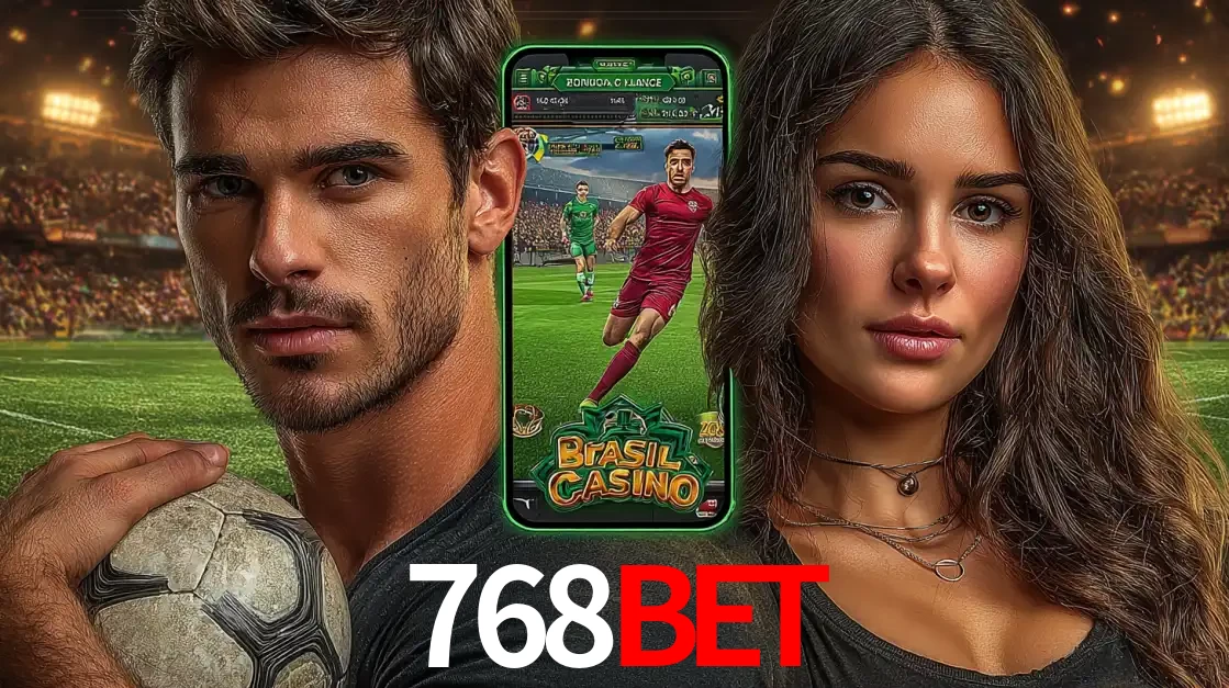 Homem segurando uma bola de futebol e uma mulher ao lado de um smartphone exibindo o jogo de apostas esportivas da 768bet. Faça seu palpite no cassino online.